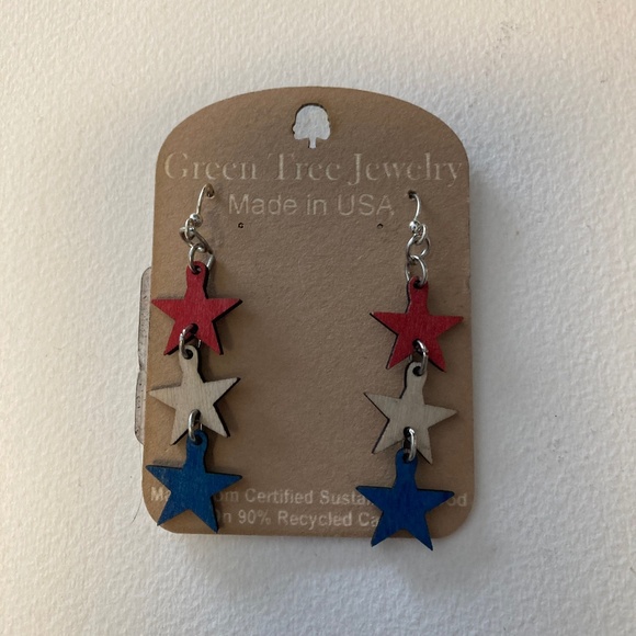 Jewelry - Celebrate 250 ! Red white and blue star dangle wood earrings